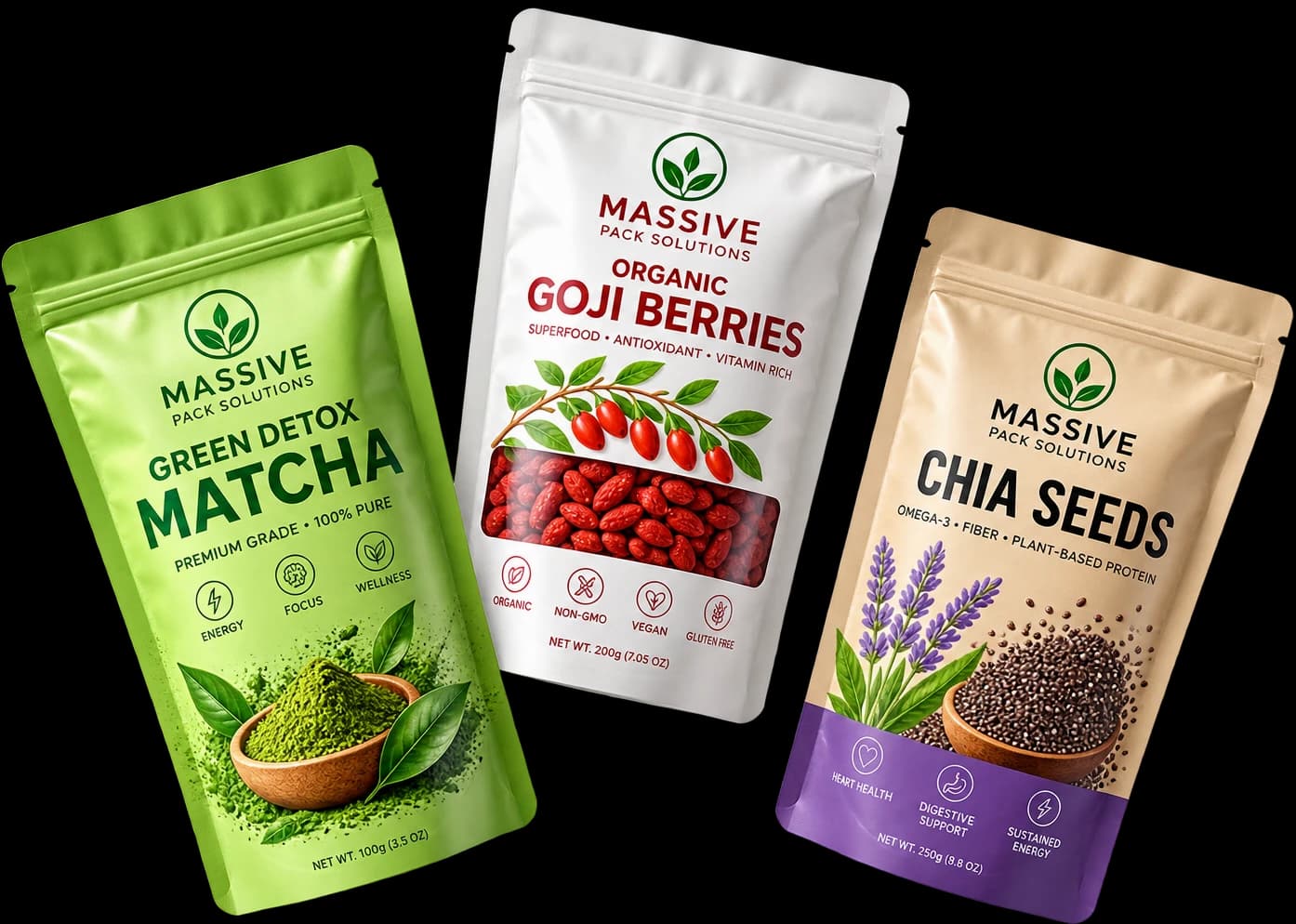 Tres bolsas doypack de MPS — matcha, bayas de goji y semillas de chía — una al lado de la otra.